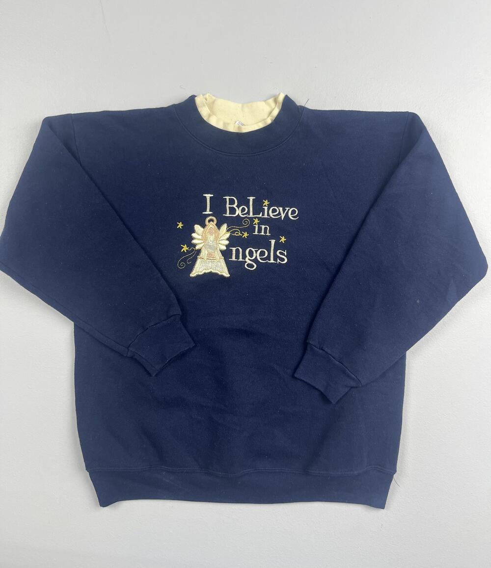 Vintage Won's Wear Sweatshirt Womens Large Blue I Believe In Angels Embroidered
